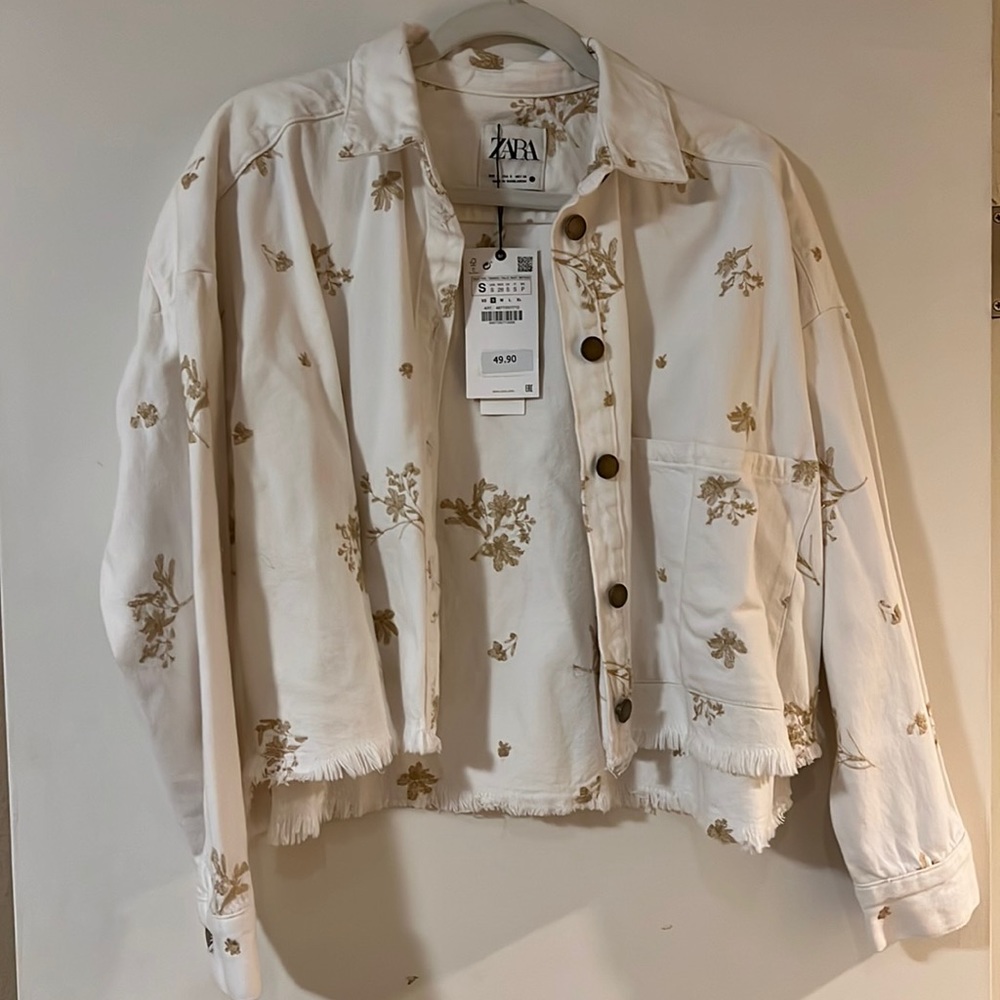 Zara white floral jean shirt